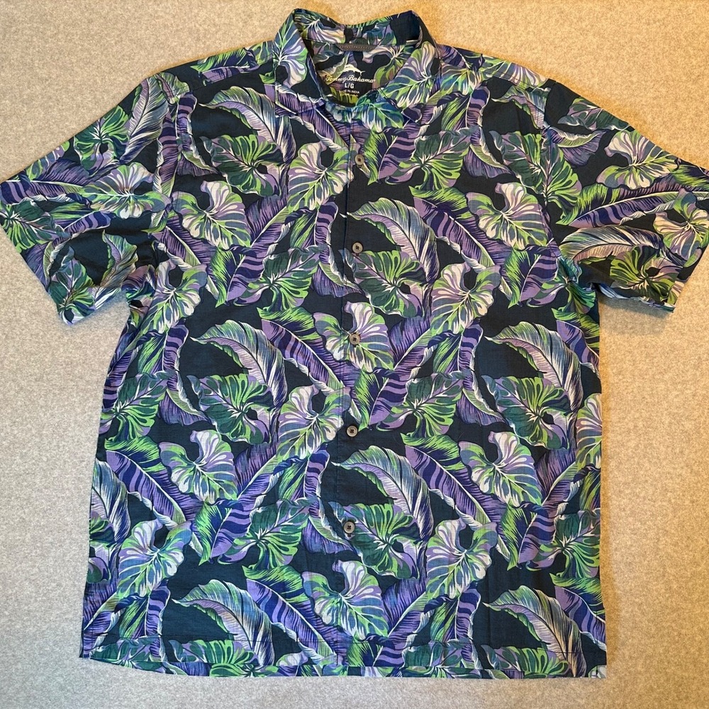 Tommy Bahama Cotton Camp Shirt Men's L Tropical Floral Navy Purple SS Button-up